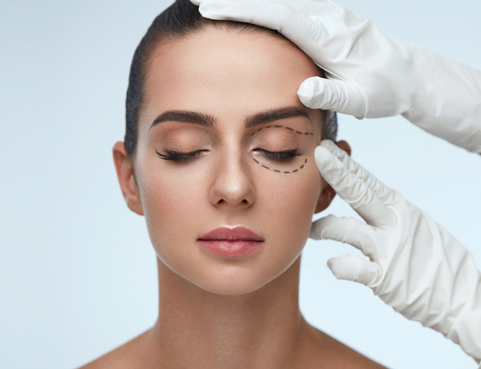 Picture of a female model eye examining by a doctor with hands