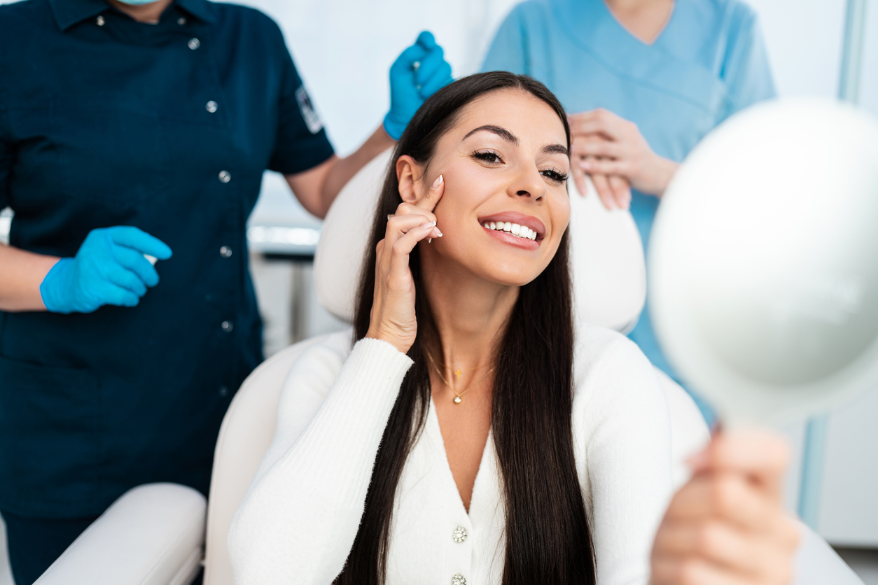 The image shows a woman after recieving injectable treatment and shows how you can determine which injectable treatment is right for you.